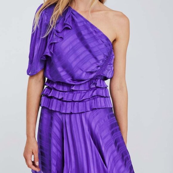 NEW IRO Pardee Mini Dress in Purple flowy off shoulder One Sleeve 36 / 4 / Small - Picture 1 of 9